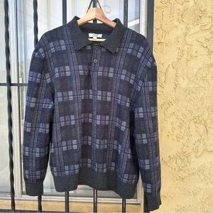 COS Men's Long Sleeve jacquard Polo Sweater in Navy Plaid merino wool blend